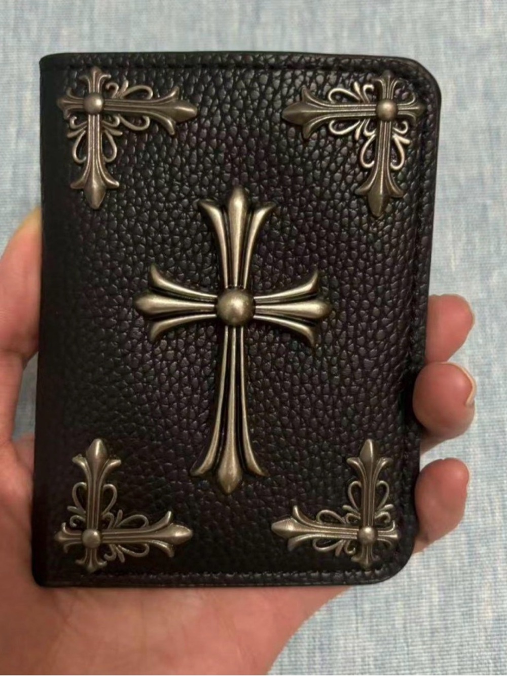 Black Leather Cross-Embellished Men's Wallet